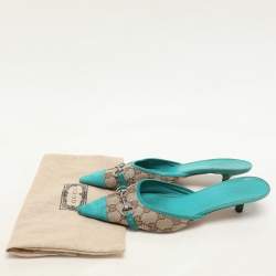 Gucci Blue/Beige GG Canvas and Suede Horsebit Mules Size 37.5