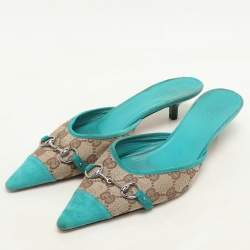 Gucci Blue/Beige GG Canvas and Suede Horsebit Mules Size 37.5