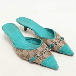 Gucci Blue/Beige GG Canvas and Suede Horsebit Mules Size 37.5