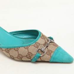 Gucci Blue/Beige GG Canvas and Suede Horsebit Mules Size 37.5