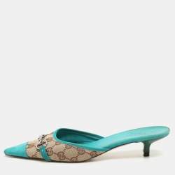 Gucci Blue/Beige GG Canvas and Suede Horsebit Mules Size 37.5