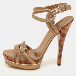 Gucci Gold Leather Platform Ankle Strap Sandals Size 40