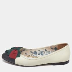 Gucci Off White/Black Leather Web Bow Cap Toe Ballet Flats Size 37