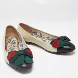 Gucci Off White/Black Leather Web Bow Cap Toe Ballet Flats Size 37