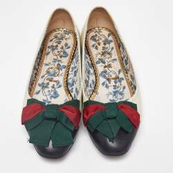 Gucci Off White/Black Leather Web Bow Cap Toe Ballet Flats Size 37