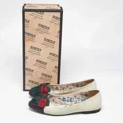 Gucci Off White/Black Leather Web Bow Cap Toe Ballet Flats Size 37