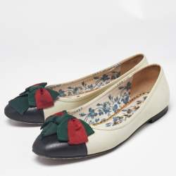 Gucci Off White/Black Leather Web Bow Cap Toe Ballet Flats Size 37