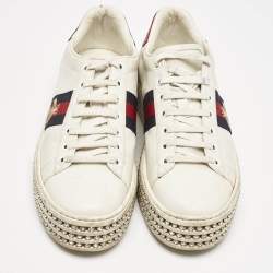 Gucci White Leather Embroidered Bee Crystal Embellished Platform New Ace Sneakers Size 39.5