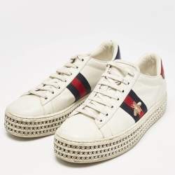 Gucci White Leather Embroidered Bee Crystal Embellished Platform New Ace Sneakers Size 39.5