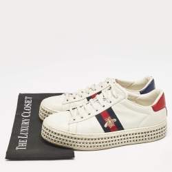 Gucci White Leather Embroidered Bee Crystal Embellished Platform New Ace Sneakers Size 39.5