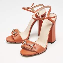 Gucci Orange Leather Horsebit Ankle Strap Sandals Size 38.5