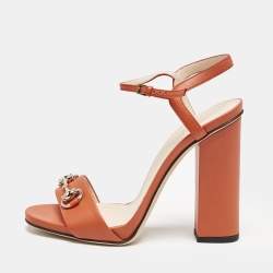 Gucci Orange Leather Horsebit Ankle Strap Sandals Size 38.5