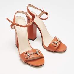 Gucci Orange Leather Horsebit Ankle Strap Sandals Size 38.5