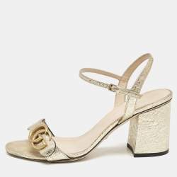 Gucci Metallic Gold Leather GG Marmont Block Heel Ankle Strap Sandals Size 38.5