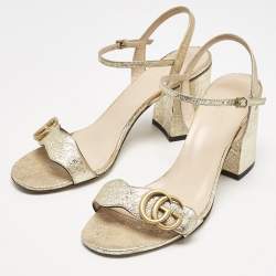 Pre Owned Gucci Metallic Gold Leather GG Marmont Block Heel Ankle Strap Sandals Size 38.5