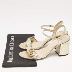 Pre Owned Gucci Metallic Gold Leather GG Marmont Block Heel Ankle Strap Sandals Size 38.5