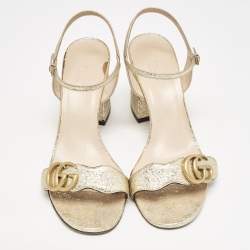 Pre Owned Gucci Metallic Gold Leather GG Marmont Block Heel Ankle Strap Sandals Size 38.5