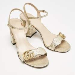 Pre Owned Gucci Metallic Gold Leather GG Marmont Block Heel Ankle Strap Sandals Size 38.5