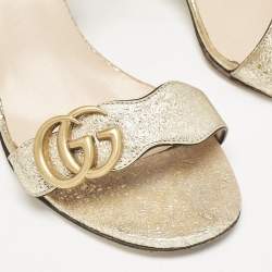 Pre Owned Gucci Metallic Gold Leather GG Marmont Block Heel Ankle Strap Sandals Size 38.5