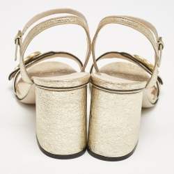 Pre Owned Gucci Metallic Gold Leather GG Marmont Block Heel Ankle Strap Sandals Size 38.5