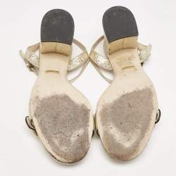 Pre Owned Gucci Metallic Gold Leather GG Marmont Block Heel Ankle Strap Sandals Size 38.5