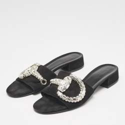 Pre Owned Gucci Black Suede Maxime Crystal Embellished Slide Sandals Size 37.5