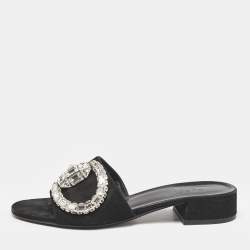 Pre Owned Gucci Black Suede Maxime Crystal Embellished Slide Sandals Size 37.5