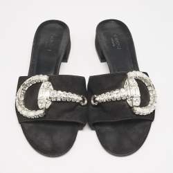Pre Owned Gucci Black Suede Maxime Crystal Embellished Slide Sandals Size 37.5