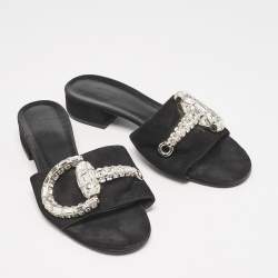 Pre Owned Gucci Black Suede Maxime Crystal Embellished Slide Sandals Size 37.5