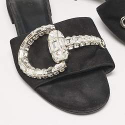 Pre Owned Gucci Black Suede Maxime Crystal Embellished Slide Sandals Size 37.5