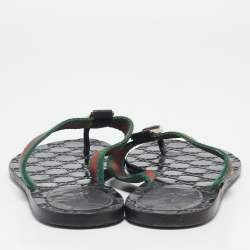 Pre Owned Gucci Black Leather and Web Interlocking G Thong Flats Size 38