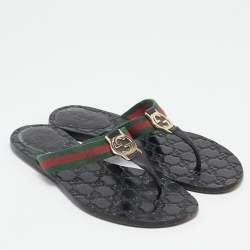 Pre Owned Gucci Black Leather and Web Interlocking G Thong Flats Size 38