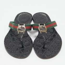 Pre Owned Gucci Black Leather and Web Interlocking G Thong Flats Size 38