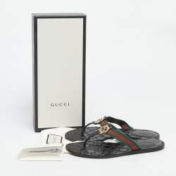 Pre Owned Gucci Black Leather and Web Interlocking G Thong Flats Size 38
