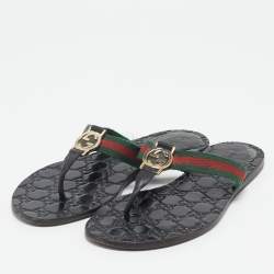 Pre Owned Gucci Black Leather and Web Interlocking G Thong Flats Size 38