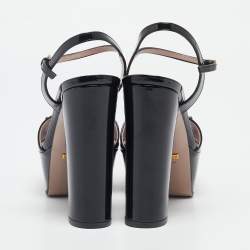 Pre Owned Gucci Black Patent Leather Horsebit Platform Ankle Strap Sandals Size 36