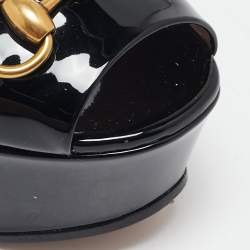 Pre Owned Gucci Black Patent Leather Horsebit Platform Ankle Strap Sandals Size 36