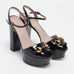 Pre Owned Gucci Black Patent Leather Horsebit Platform Ankle Strap Sandals Size 36