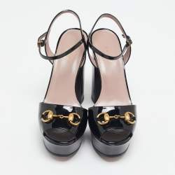 Pre Owned Gucci Black Patent Leather Horsebit Platform Ankle Strap Sandals Size 36