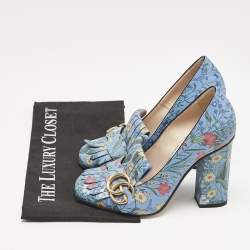 Gucci Blue Floral Print Leather GG Marmont Fringe Pumps Size 36