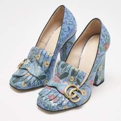 Gucci Blue Floral Print Leather GG Marmont Fringe Pumps Size 36
