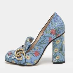 Gucci Blue Floral Print Leather GG Marmont Fringe Pumps Size 36
