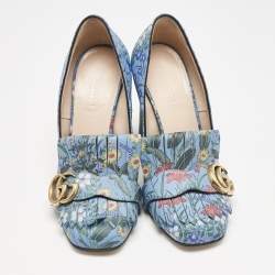 Gucci Blue Floral Print Leather GG Marmont Fringe Pumps Size 36