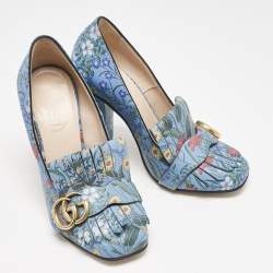 Gucci Blue Floral Print Leather GG Marmont Fringe Pumps Size 36