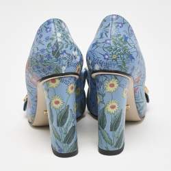 Gucci Blue Floral Print Leather GG Marmont Fringe Pumps Size 36