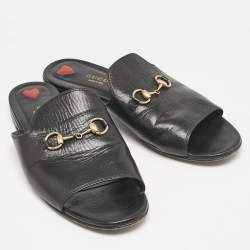 Gucci Black Leather Malaga Horsebit Flat Slide Sandals Size 39.5