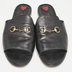 Gucci Black Leather Malaga Horsebit Flat Slide Sandals Size 39.5