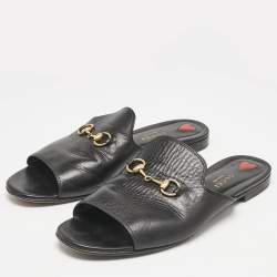 Gucci Black Leather Malaga Horsebit Flat Slide Sandals Size 39.5