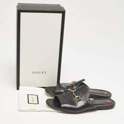 Gucci Black Leather Malaga Horsebit Flat Slide Sandals Size 39.5