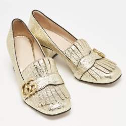 Gucci Metallic Gold Foil Leather GG Marmont Fringe Pumps Size 37